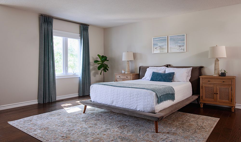 Side panels paired with shades, or fully closing draperies will keep bright sunlight out in your luxury bedroom so that you can sleep when the sun rises too early!