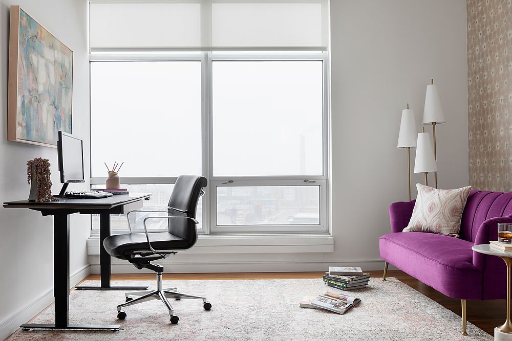 Cozy home workspace with plush seating and layered textures.